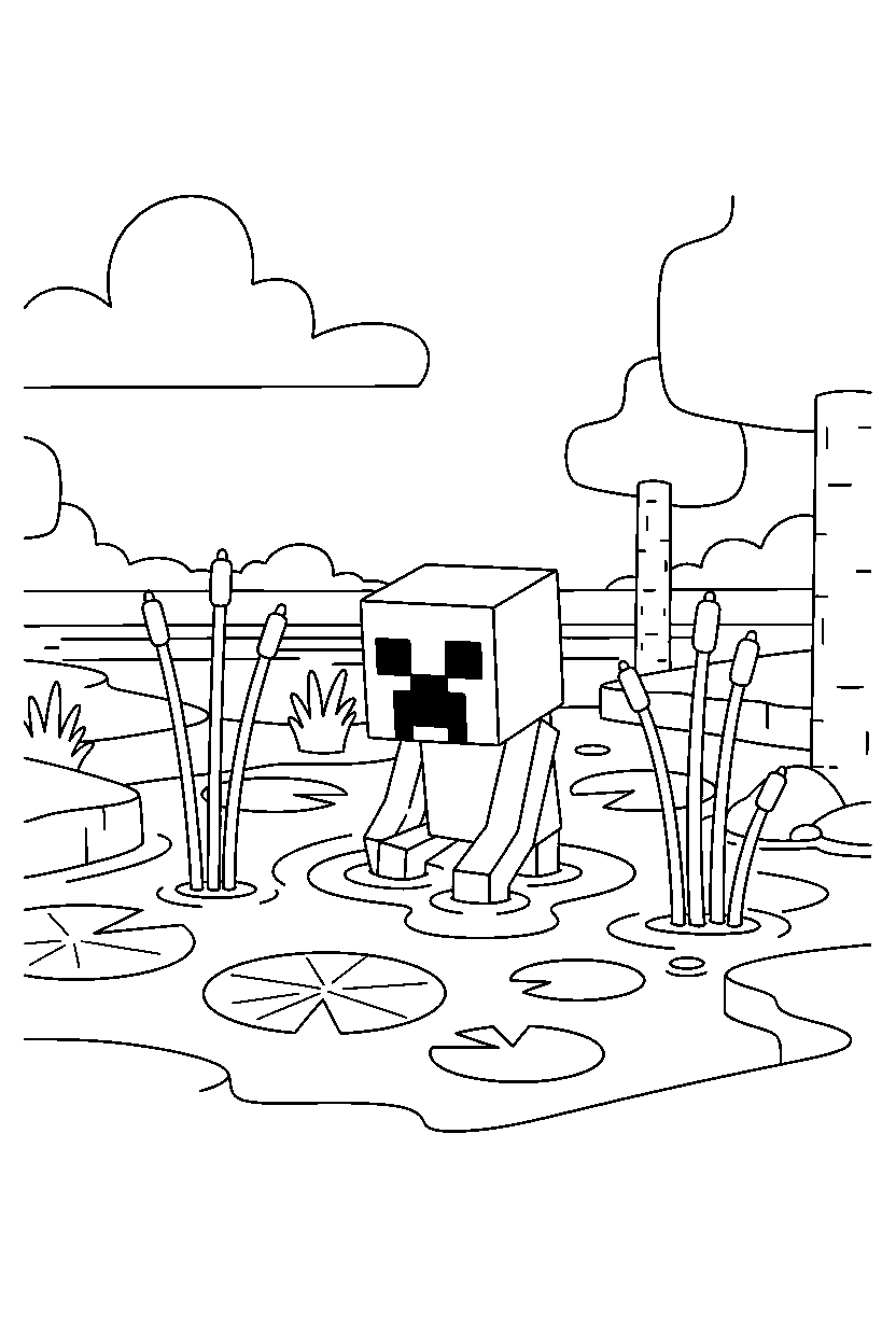 minecraft creeper waiting in silence in a swamp line art