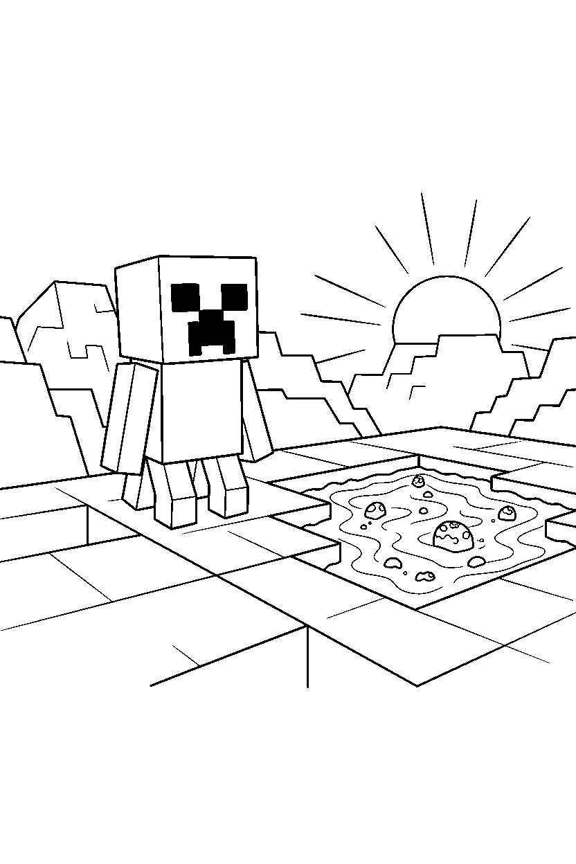 minecraft creeper waiting in silence near a lava lake line art