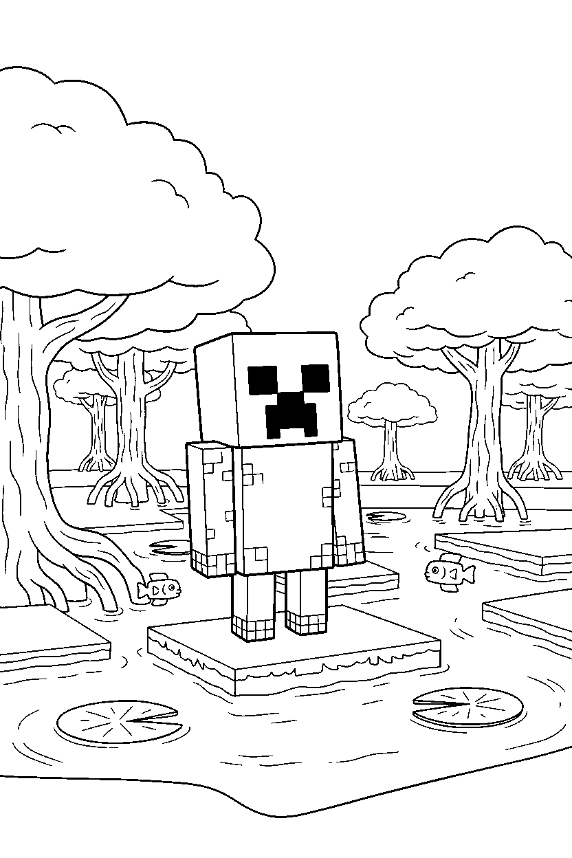 minecraft creeper waiting quietly in a mangrove swamp line art