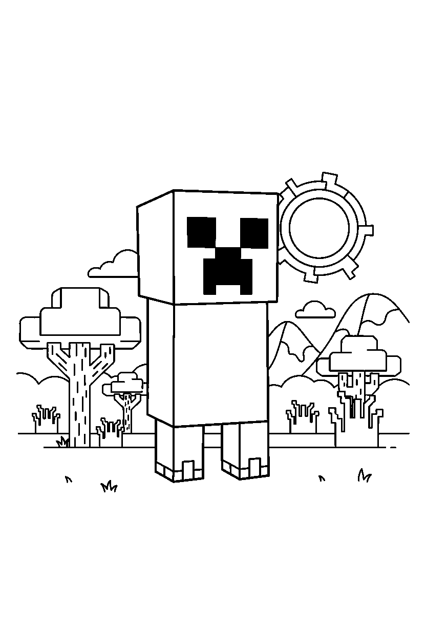 minecraft creeper waiting quietly in a savanna line art