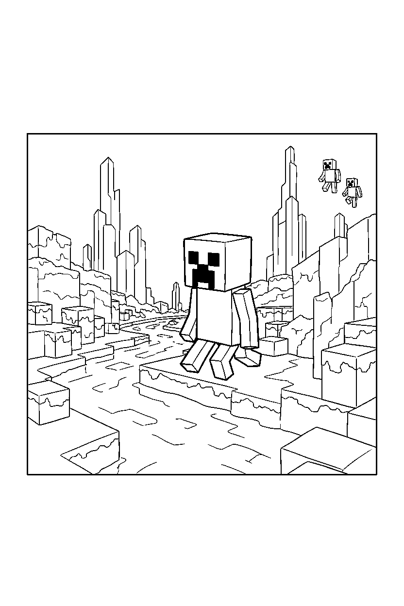 minecraft creeper walking along a riverbank in the end dimension line art
