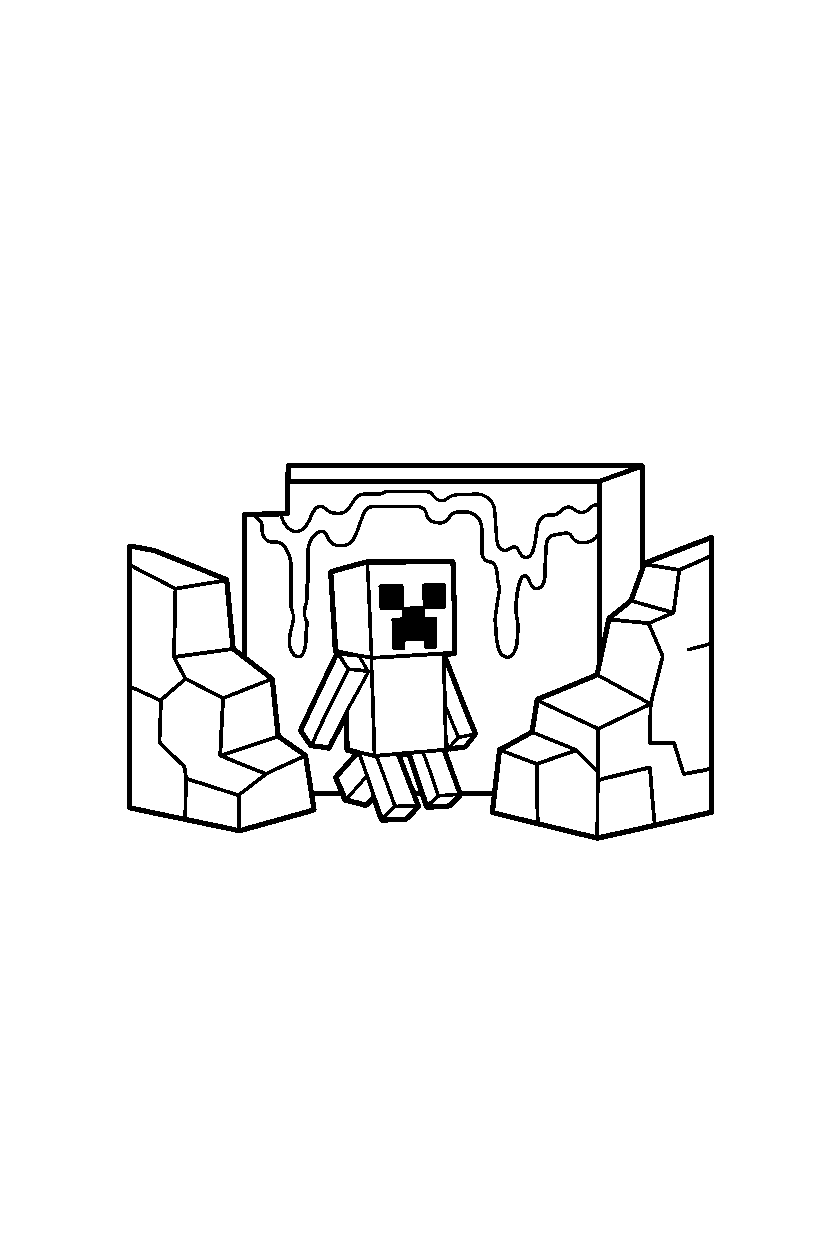 minecraft creeper walking between rocks near a lava cave line art