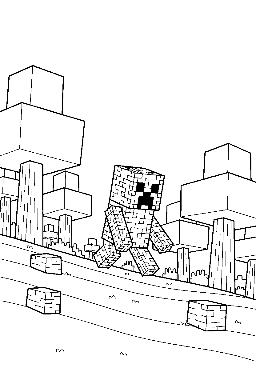 minecraft creeper walking down a hill in a dark forest line art