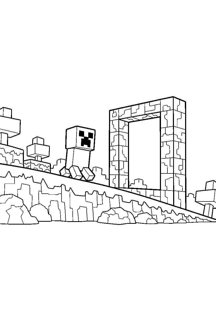 minecraft creeper walking down a hill near a portal line art