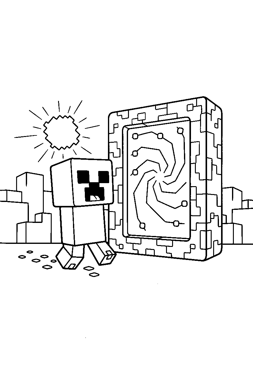 minecraft creeper walking happily near a portal line art