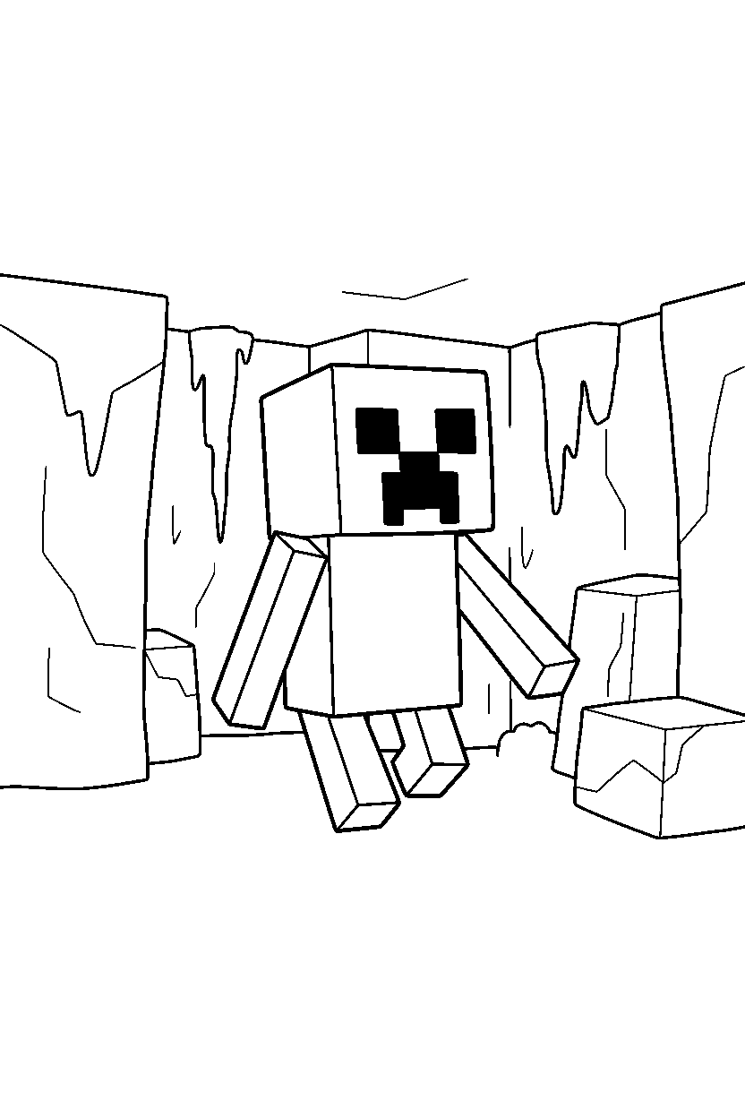 minecraft creeper walking in icy cave line art