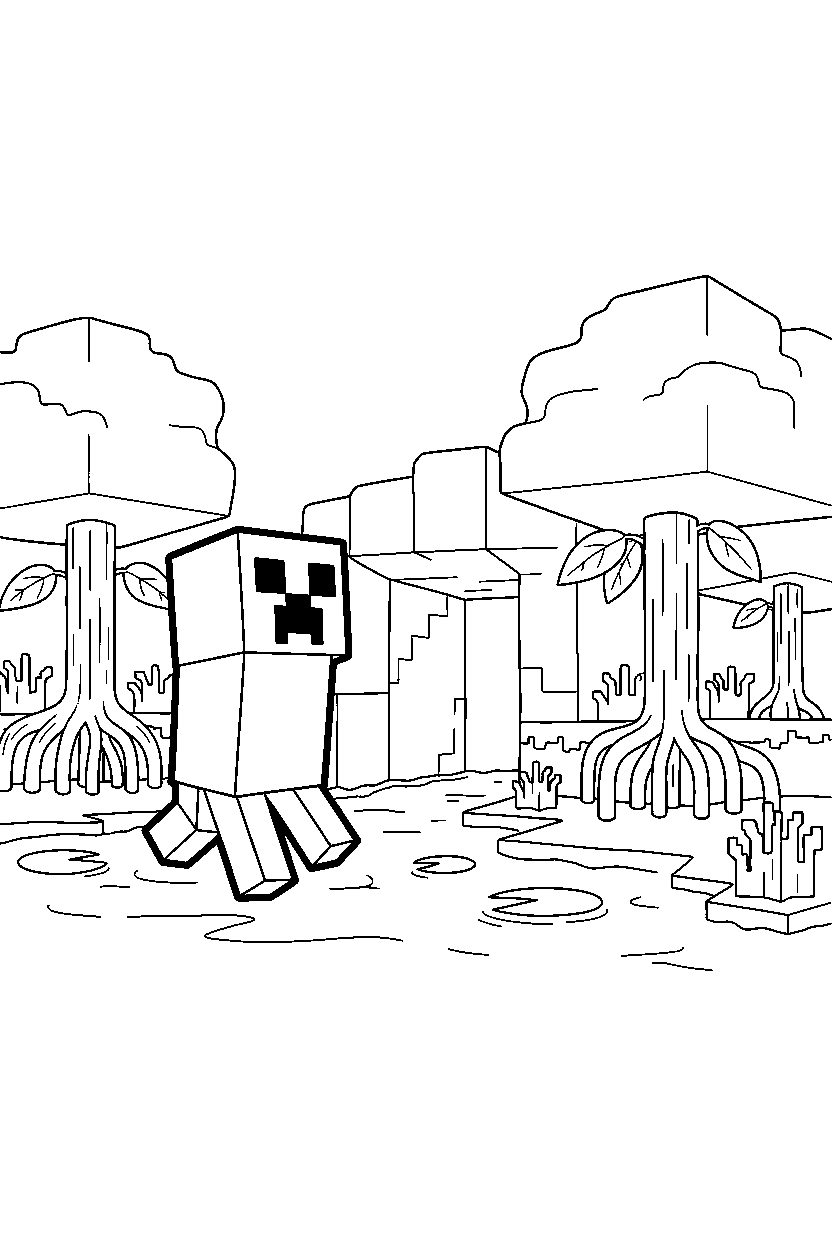 minecraft creeper walking near a cave entrance in a mangrove swamp line art