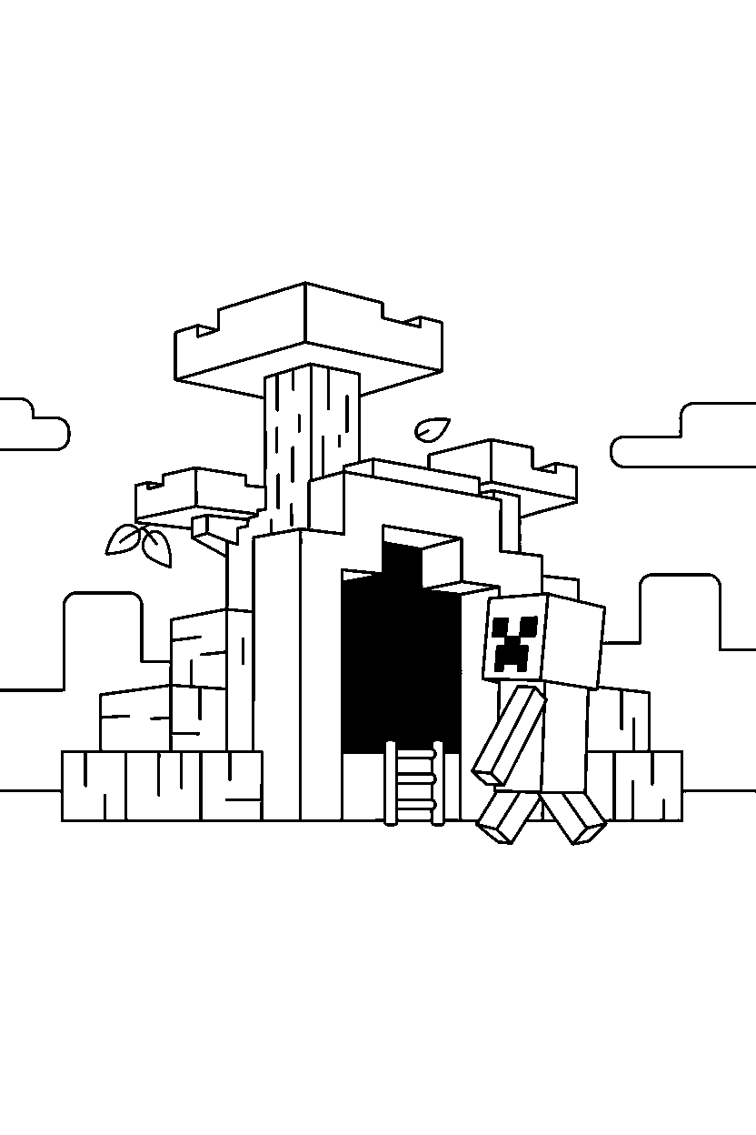 minecraft creeper walking near a cave entrance in a treehouse base line art