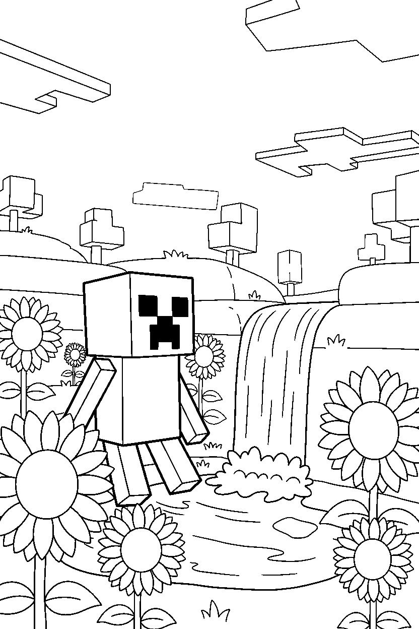 minecraft creeper walking near a waterfall in sunflower plains line art