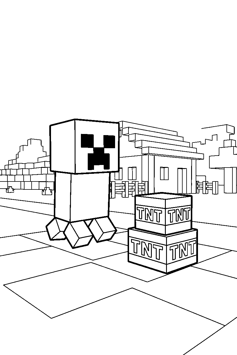 minecraft creeper walking near tnt blocks in a survival base line art