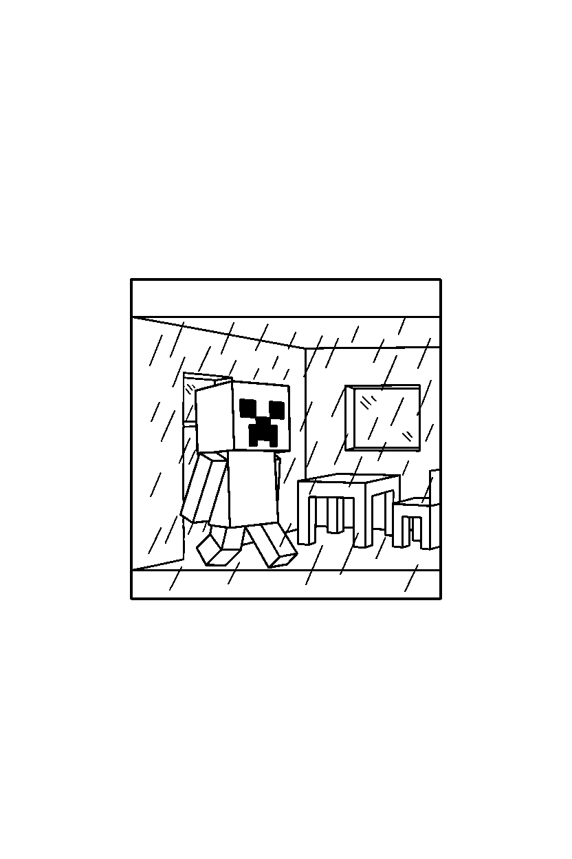 minecraft creeper walking through light rain inside a house line art