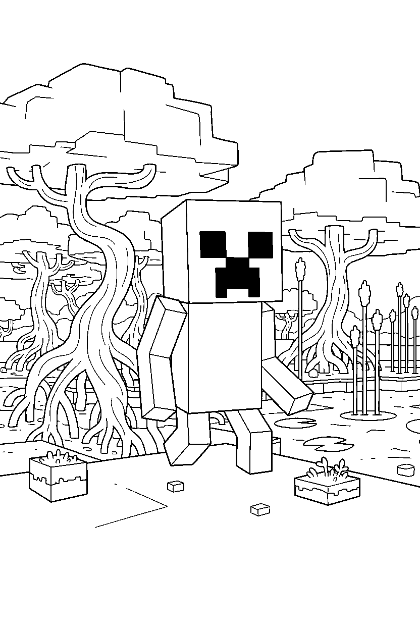 minecraft creeper wandering cautiously in a mangrove swamp line art