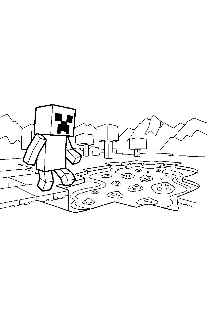 minecraft creeper wandering cautiously near a lava lake line art