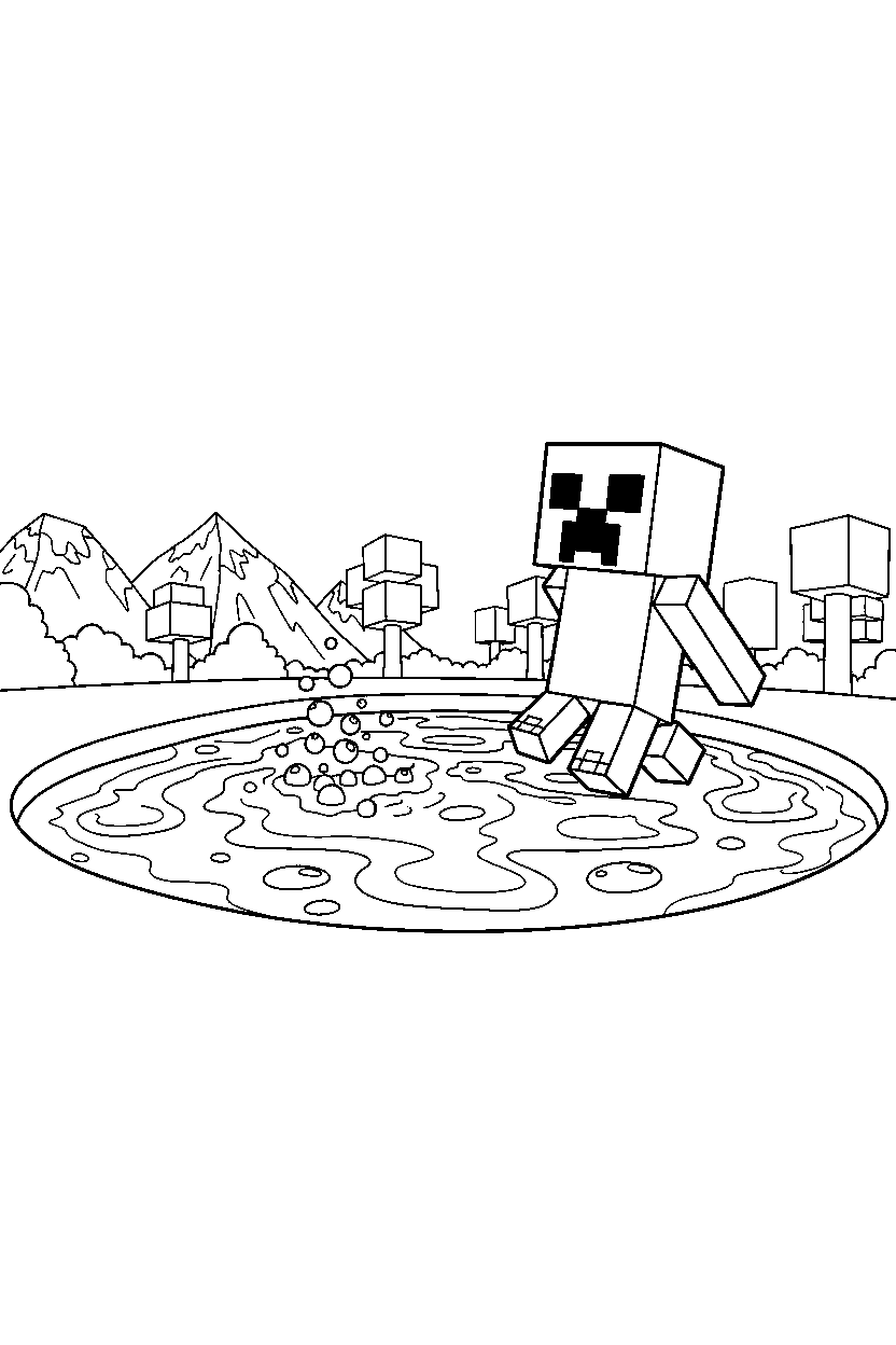 minecraft creeper wandering curiously near a lava lake line art