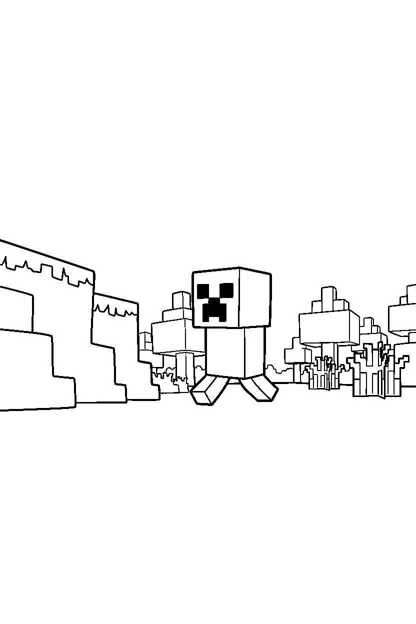 minecraft creeper wandering near a cliff in a forest line art