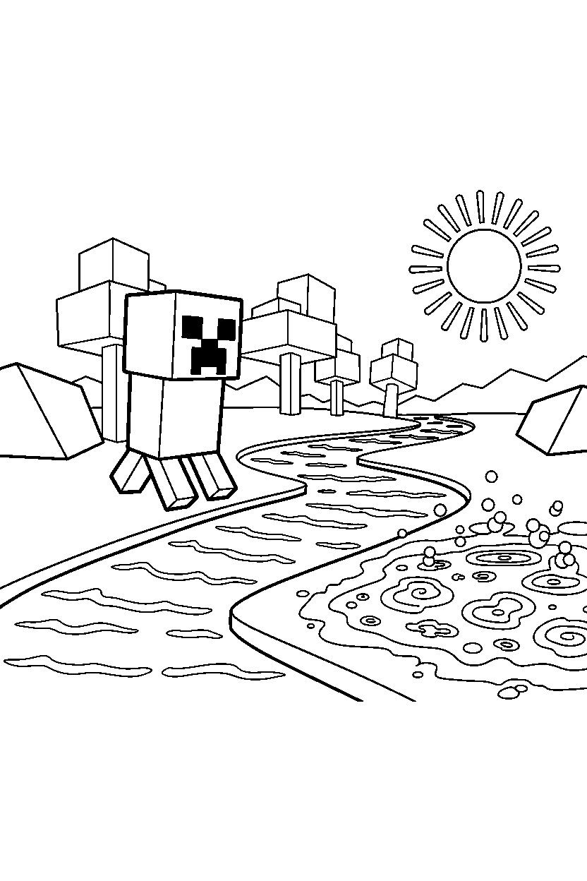 minecraft creeper wandering near a river near a lava lake line art