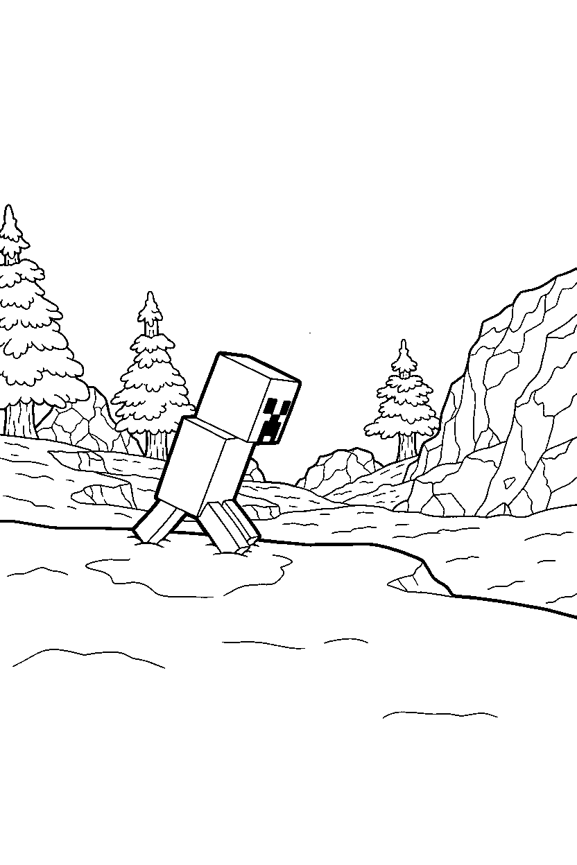 minecraft creeper wandering silently in snowy tundra line art