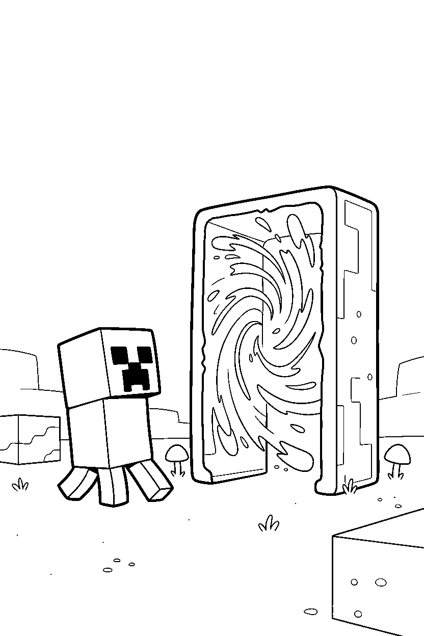 minecraft creeper wandering silently near a nether portal line art