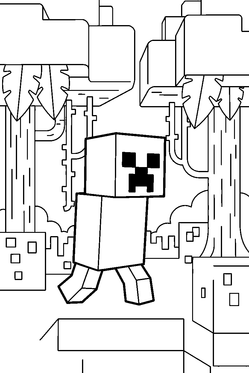 minecraft creeper wandering slowly in a jungle line art