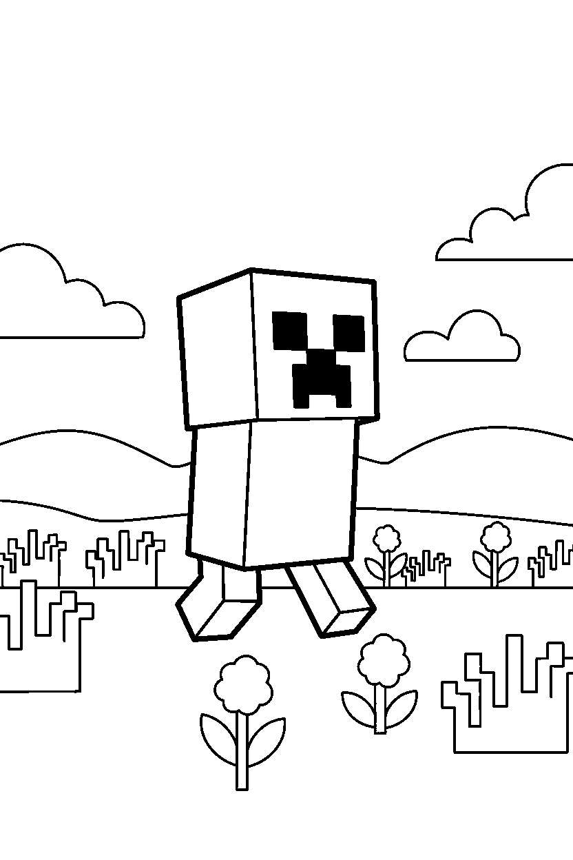 minecraft creeper wandering slowly in a meadow line art