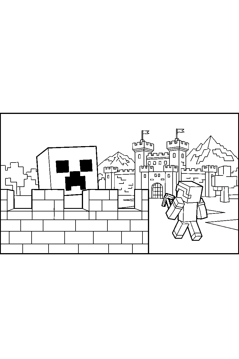minecraft creeper watching a player from afar in a castle base line art
