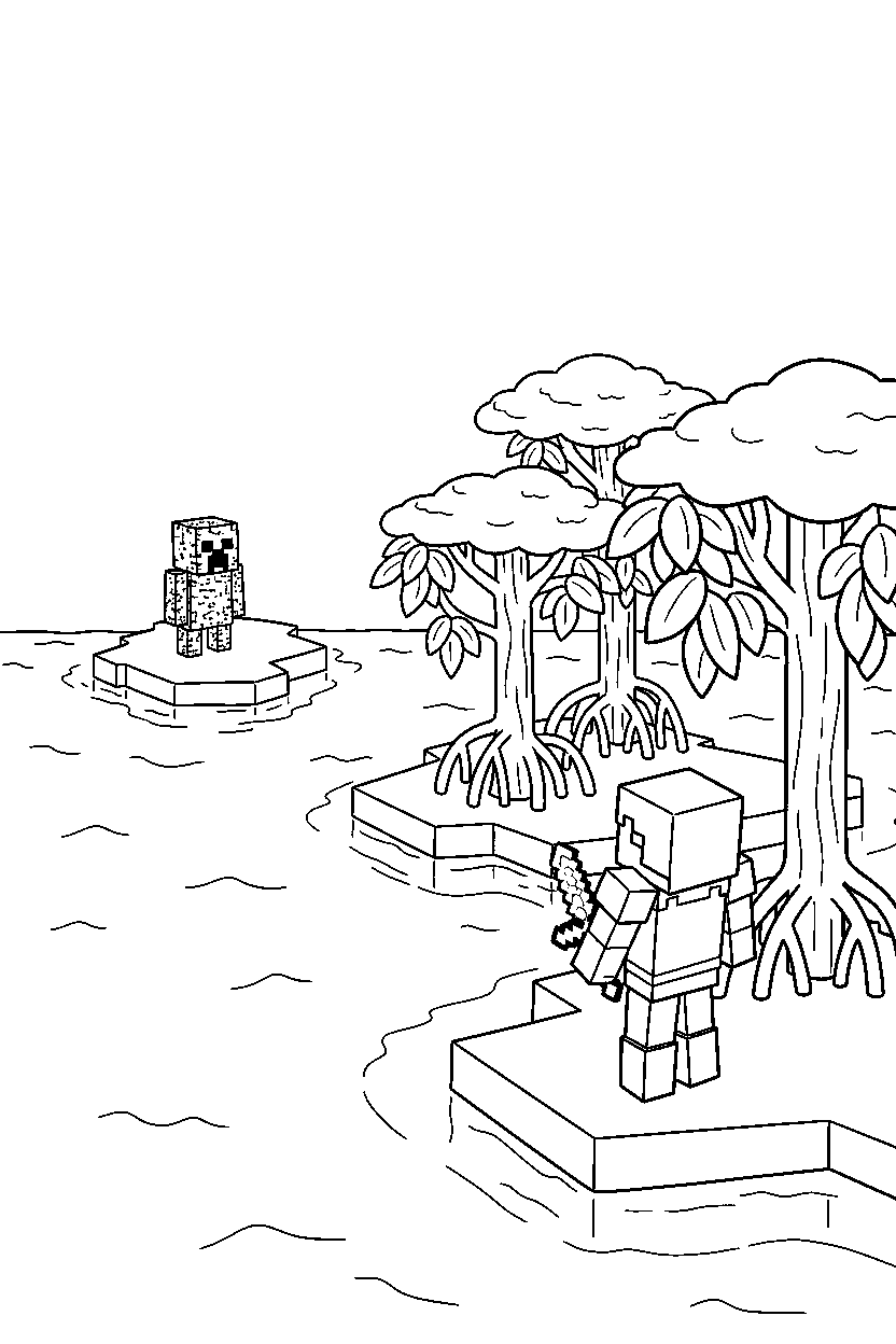 minecraft creeper watching a player from afar in a mangrove swamp line art