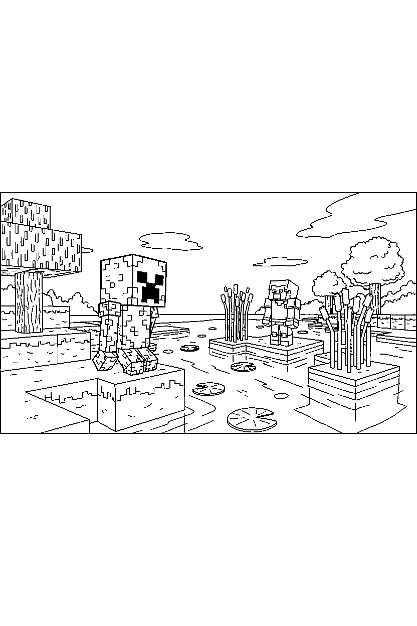 minecraft creeper watching a player from afar in a swamp line art