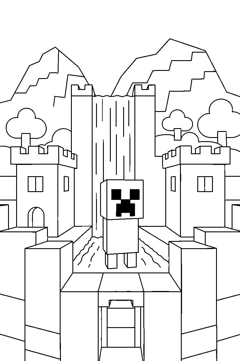 minecraft creeper watching a waterfall in a castle base line art