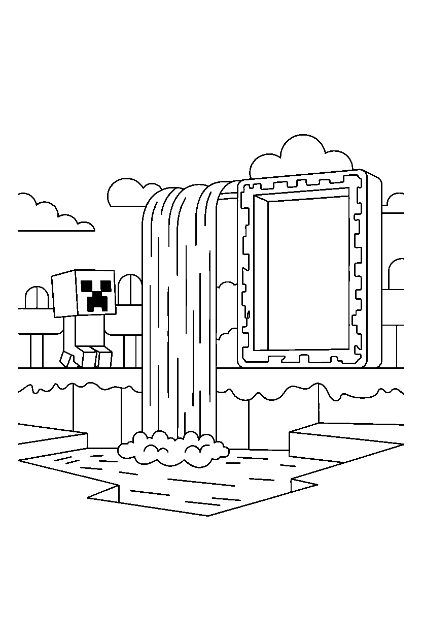 minecraft creeper watching a waterfall near a portal line art