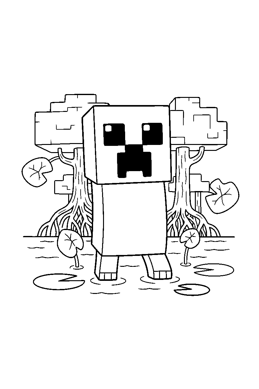 minecraft creeper watching attentively in a mangrove swamp line art