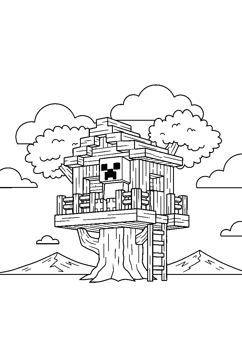 minecraft creeper watching calmly in a treehouse base line art