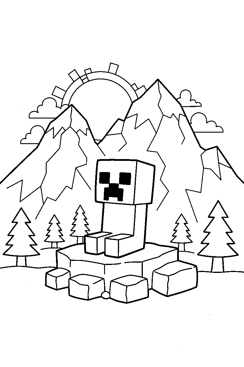 minecraft creeper watching calmly in mountains line art