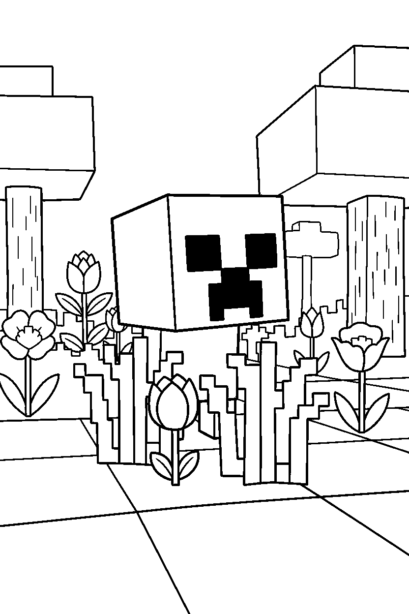 minecraft creeper watching cautiously in a flower forest line art