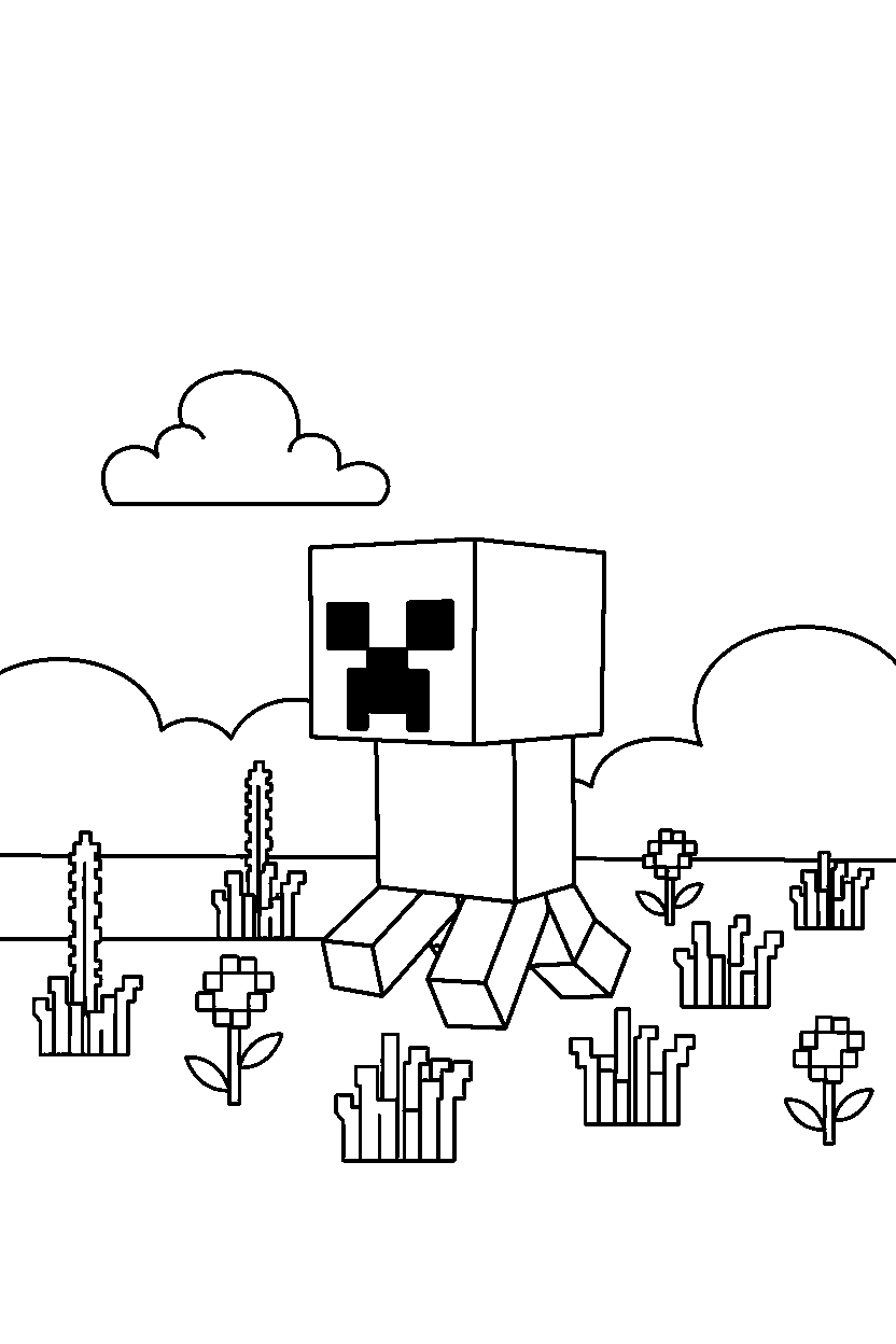 minecraft creeper watching cautiously in a meadow line art