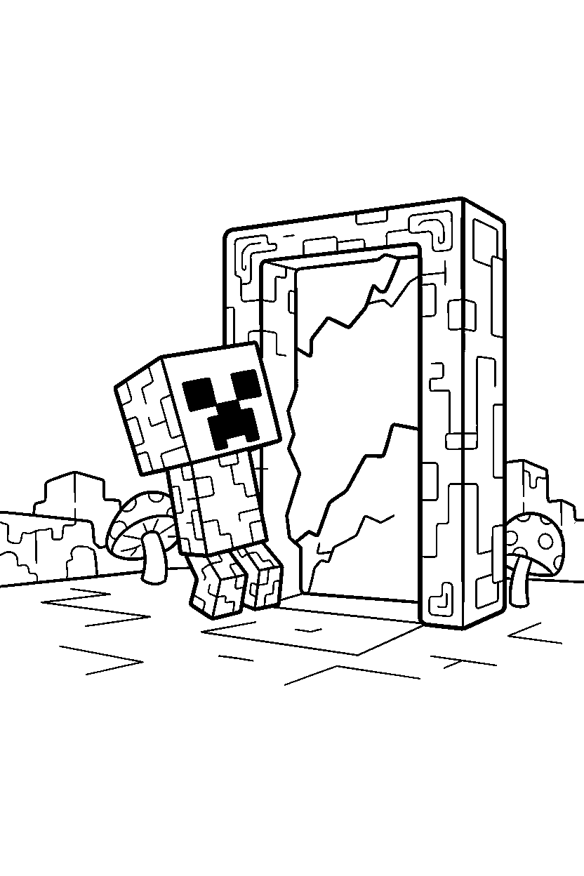 minecraft creeper watching cautiously near a nether portal line art