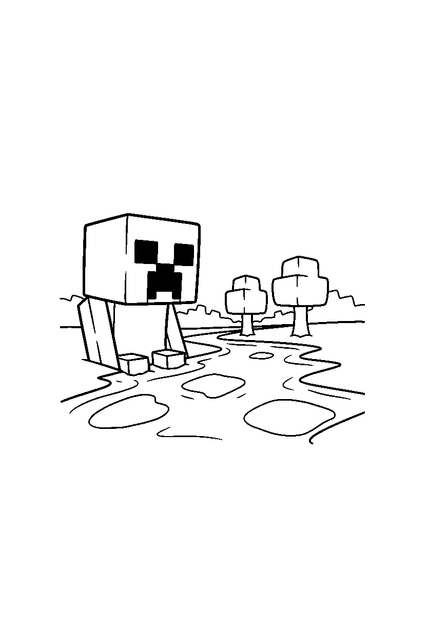 minecraft creeper watching cautiously near a river line art