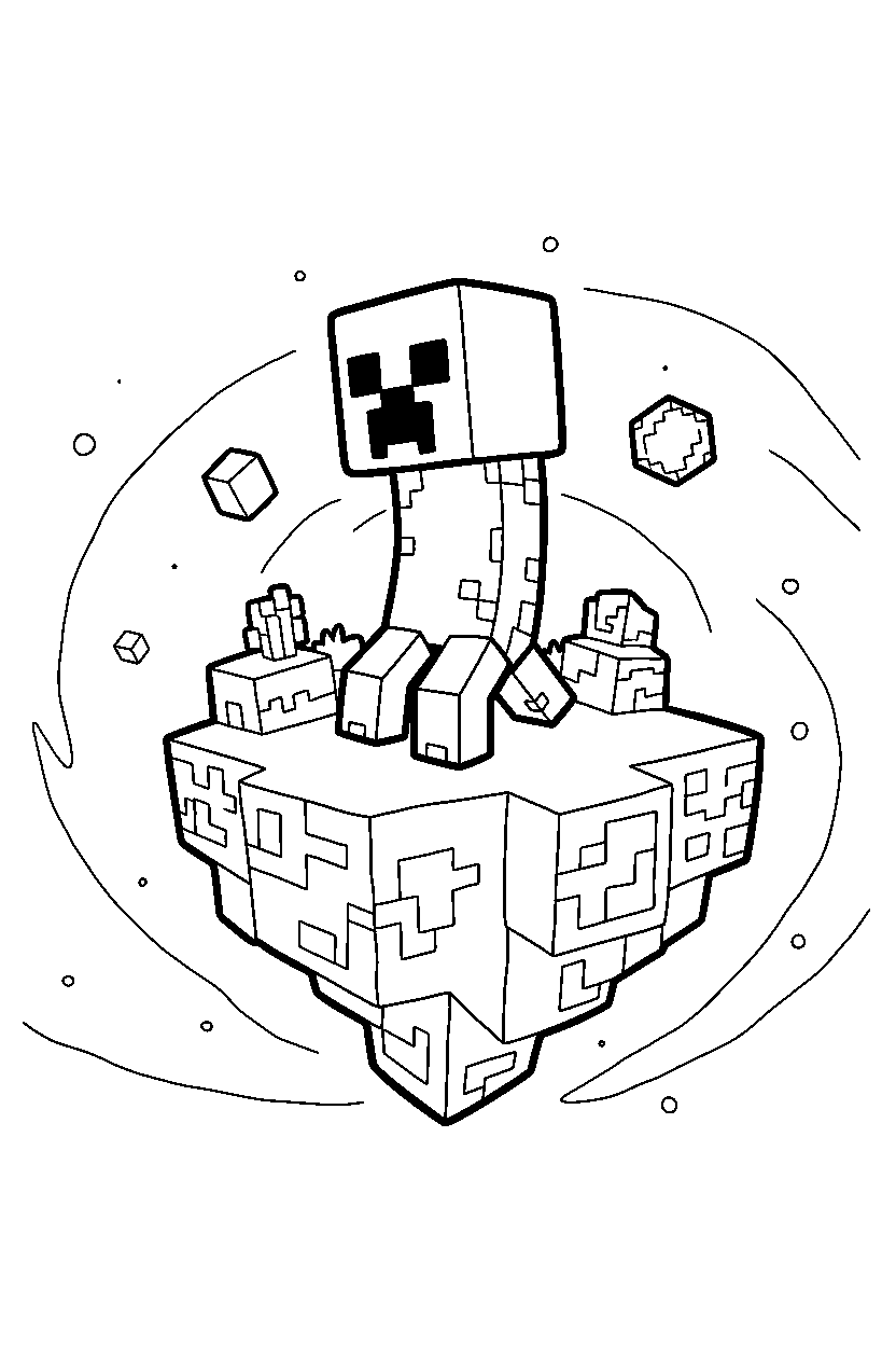 minecraft creeper watching cautiously on an end island line art