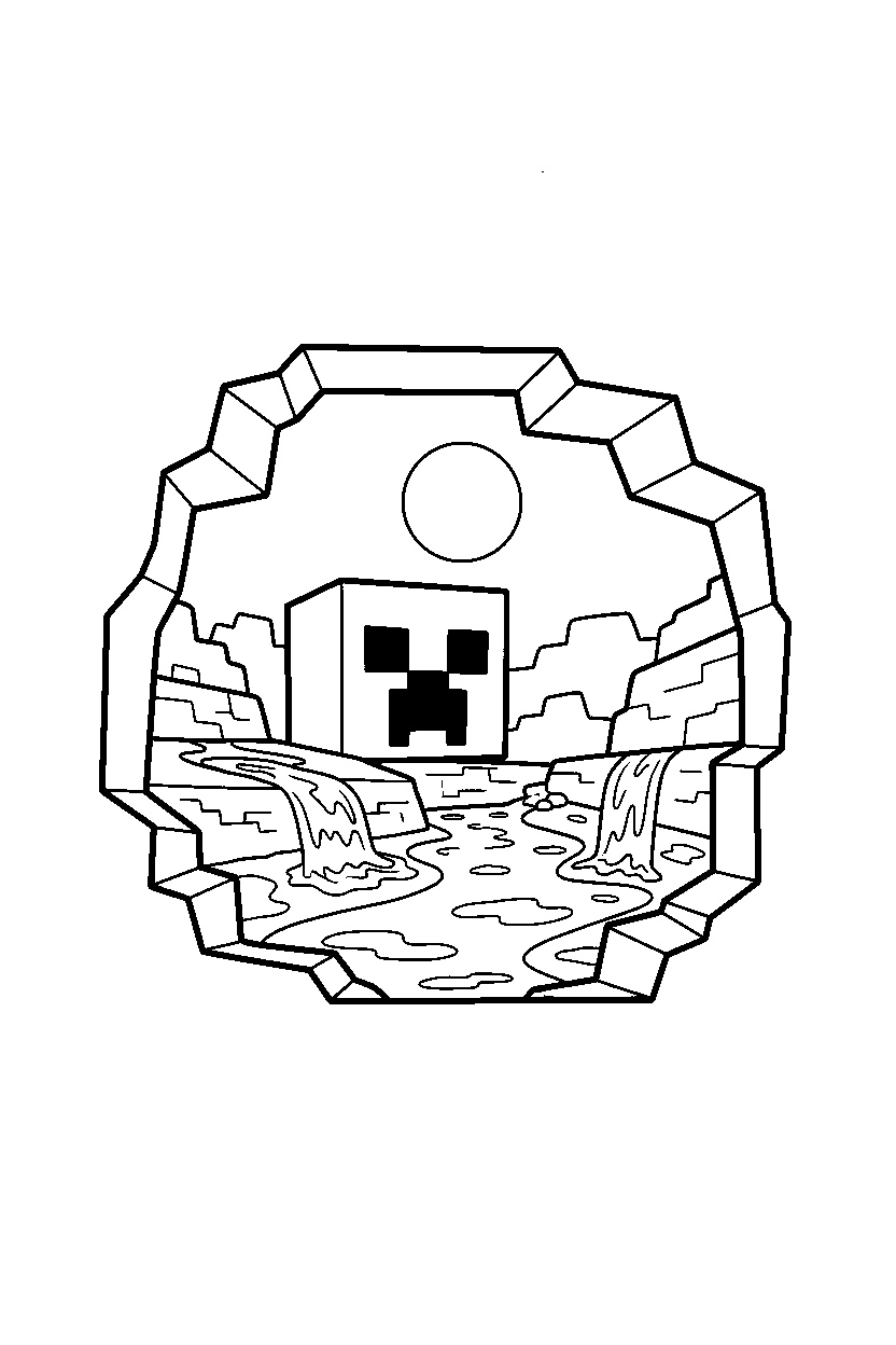 minecraft creeper watching from afar near a lava cave line art