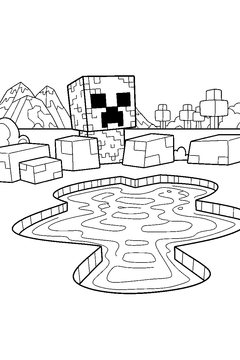 minecraft creeper watching from afar near a lava lake line art
