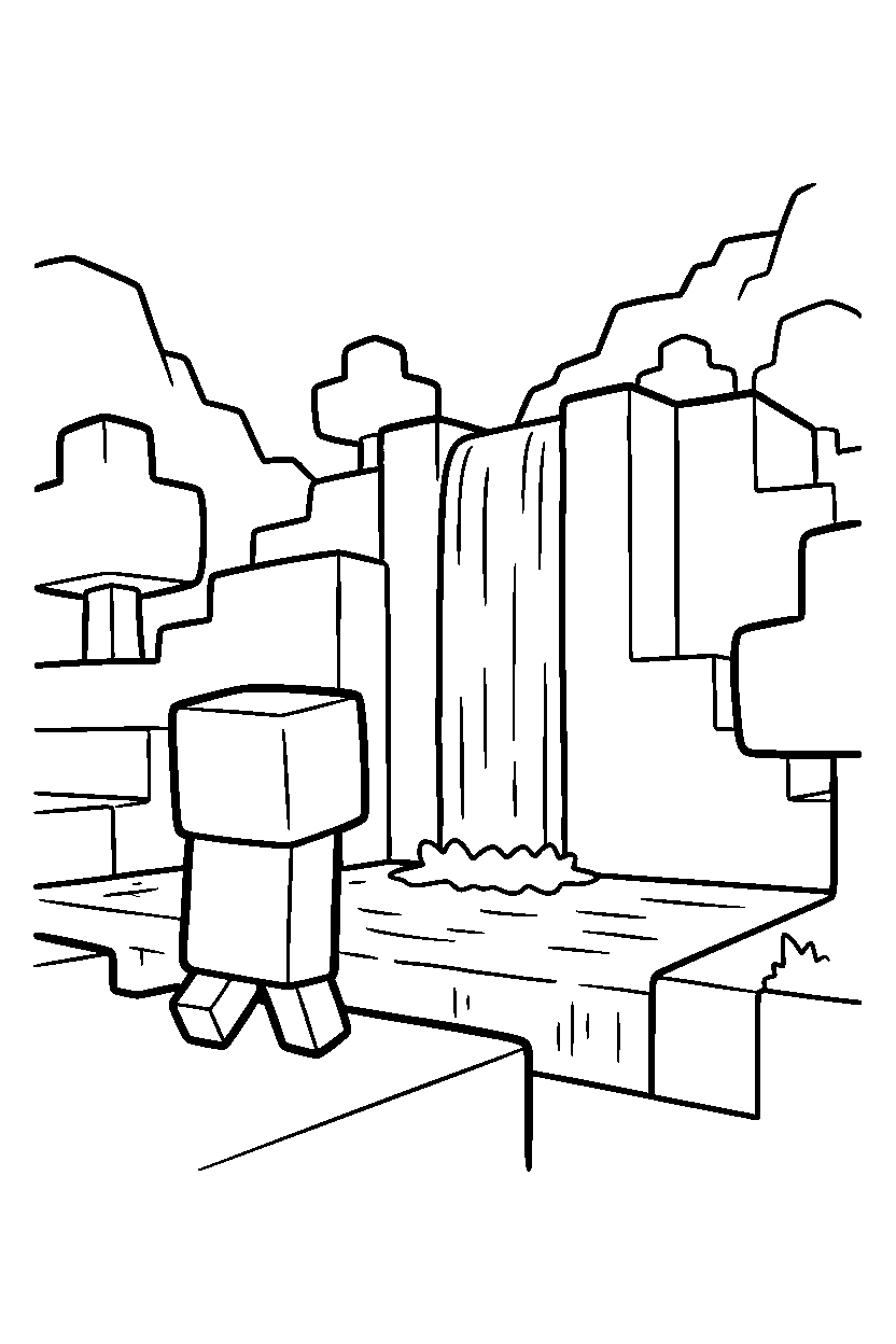 minecraft creeper watching from afar near a waterfall line art