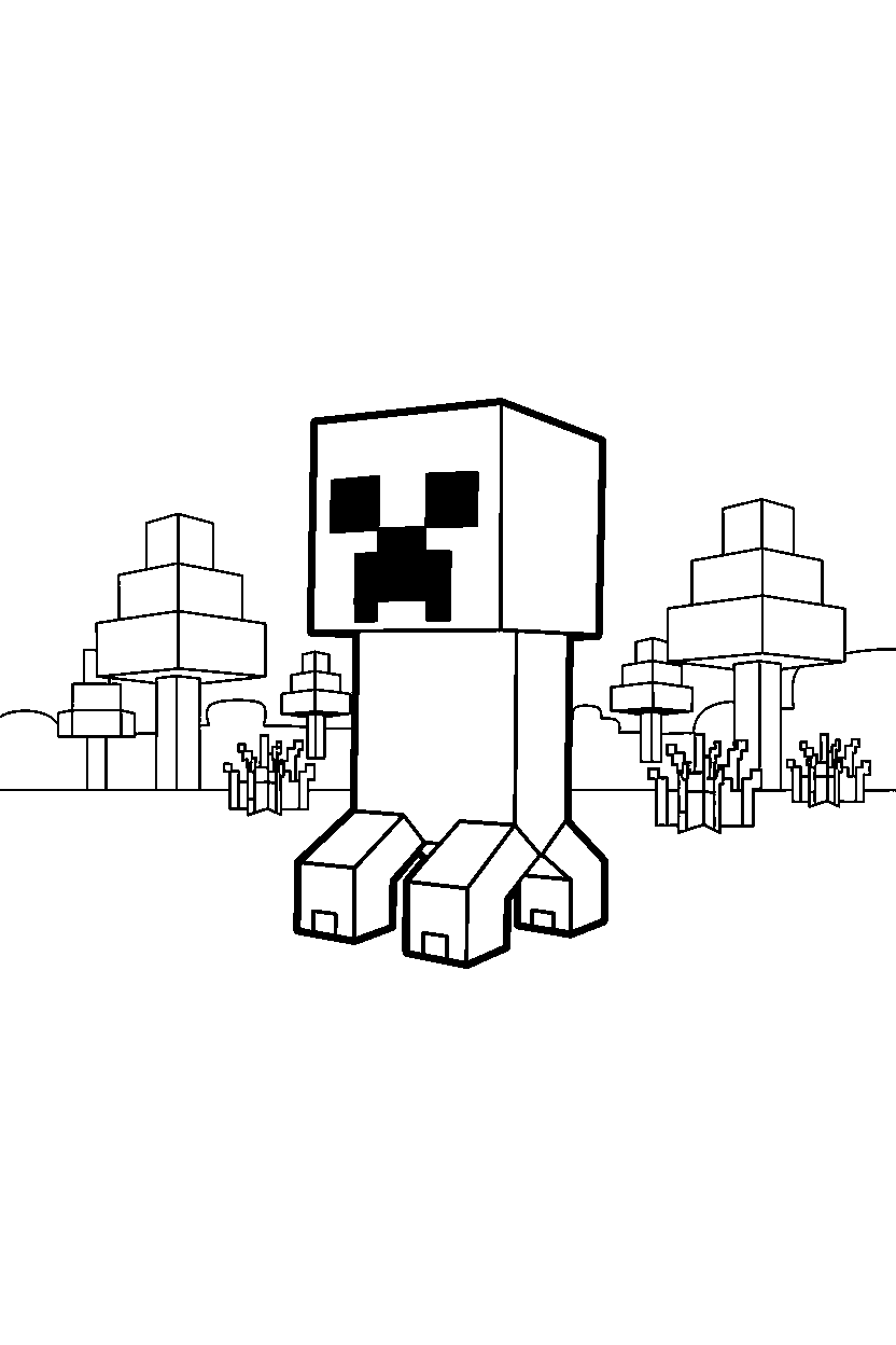 minecraft creeper watching quietly in silence in a meadow line art