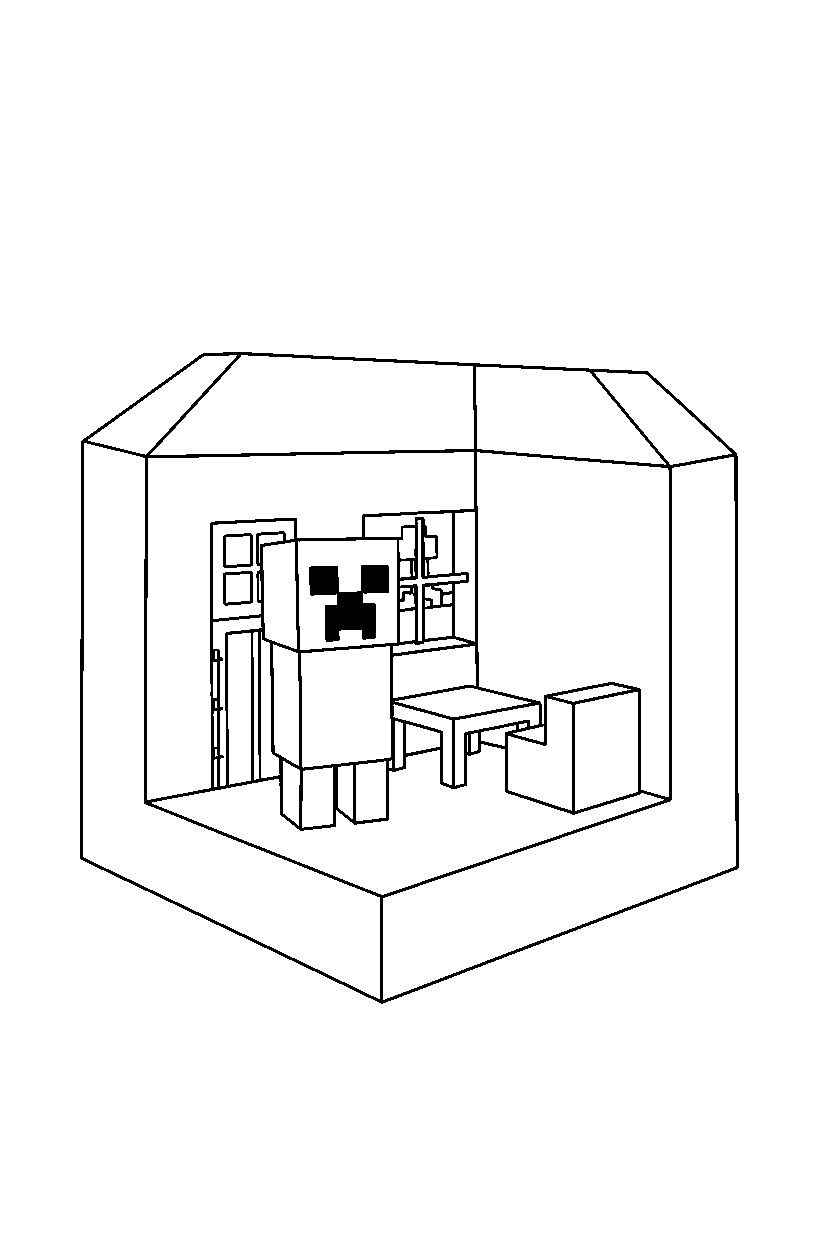 minecraft creeper watching quietly in silence inside a house line art
