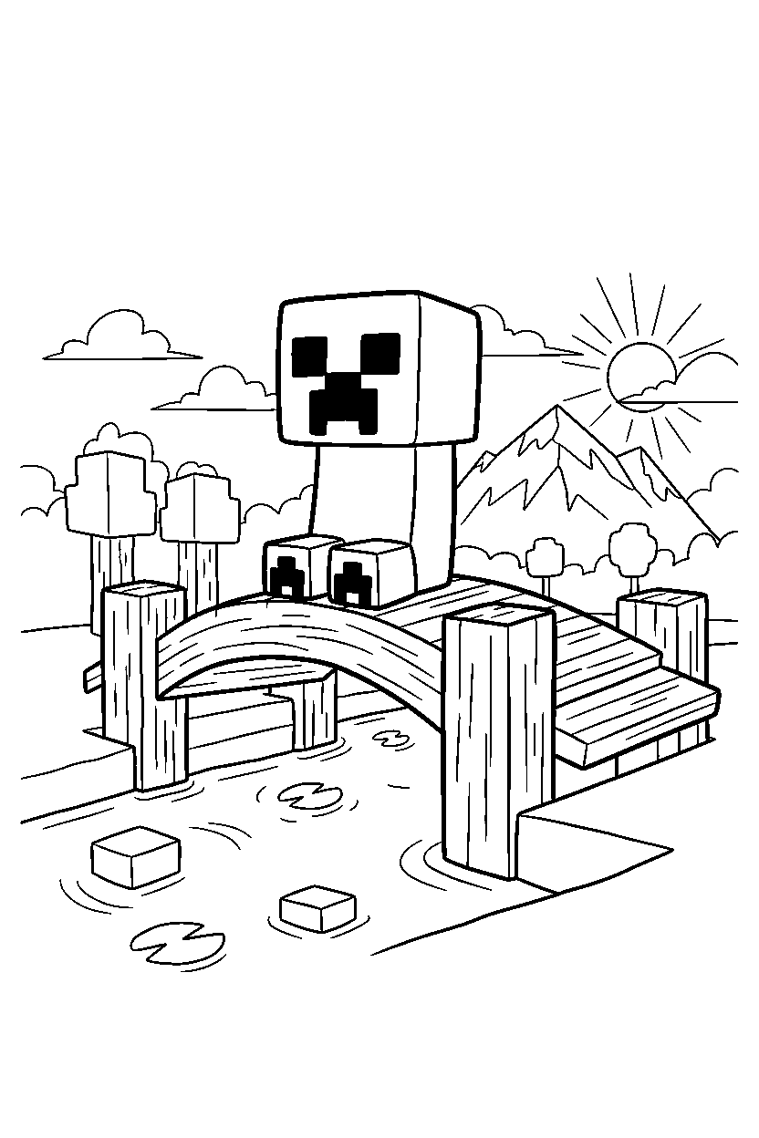 minecraft creeper watching quietly in silence on a bridge line art