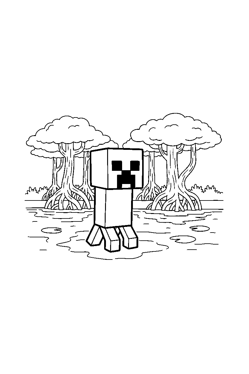 minecraft creeper watching silently in a mangrove swamp line art
