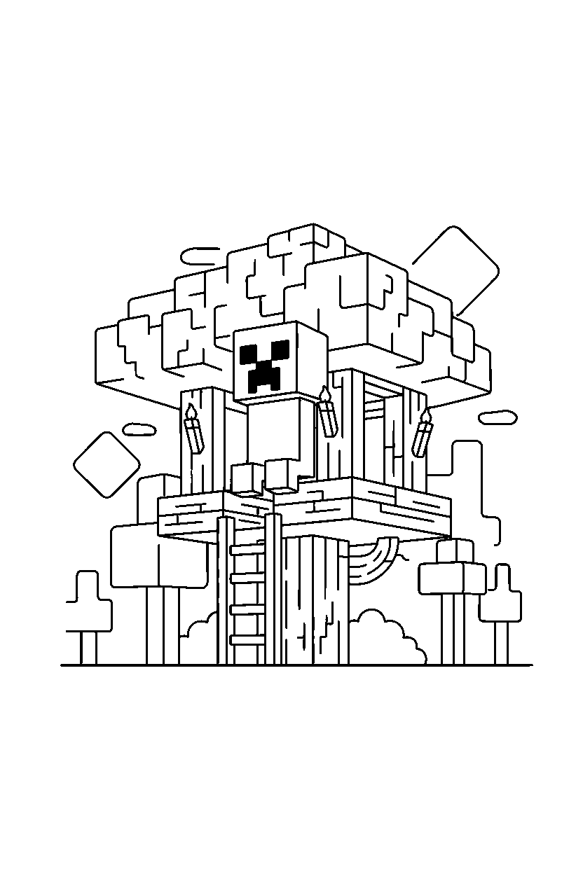 minecraft creeper watching silently in a treehouse base line art