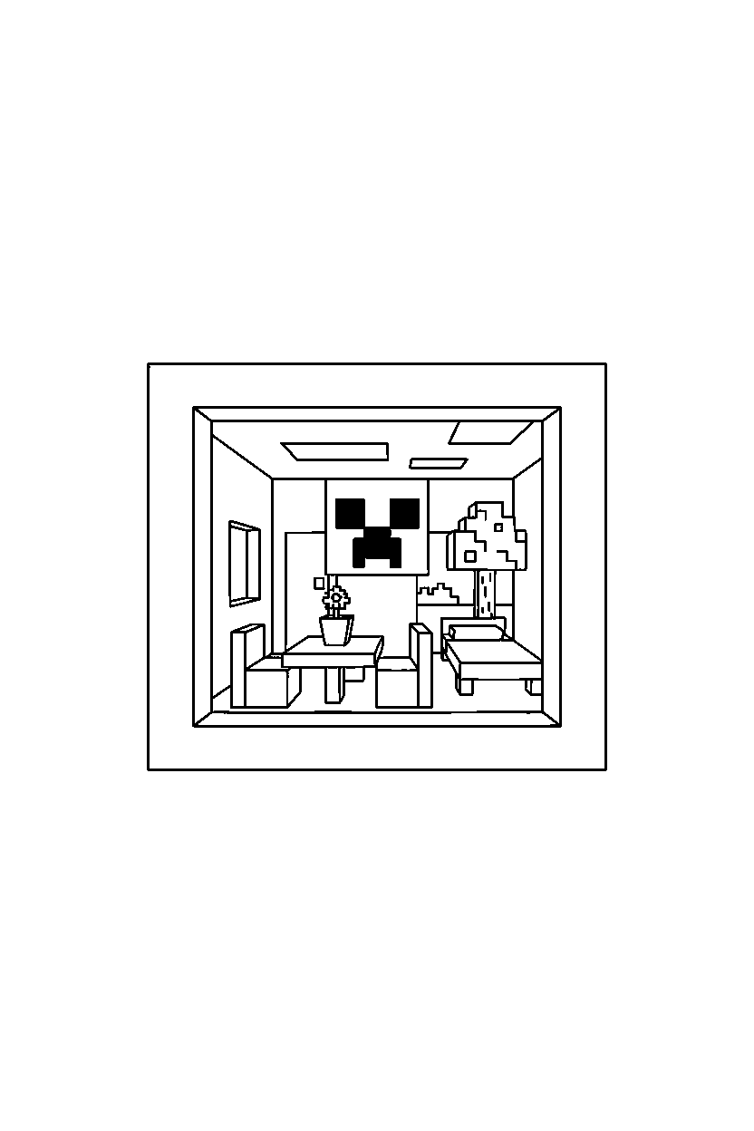 minecraft creeper watching silently inside a house line art