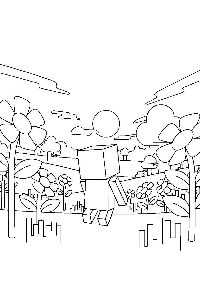 minecraft creeper watching the horizon in a flower forest line art