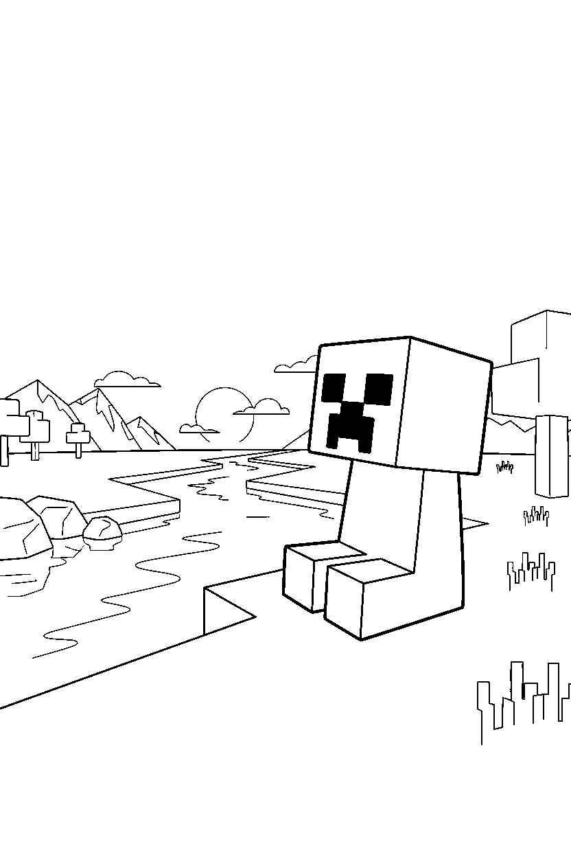 minecraft creeper watching the horizon quietly near a river line art