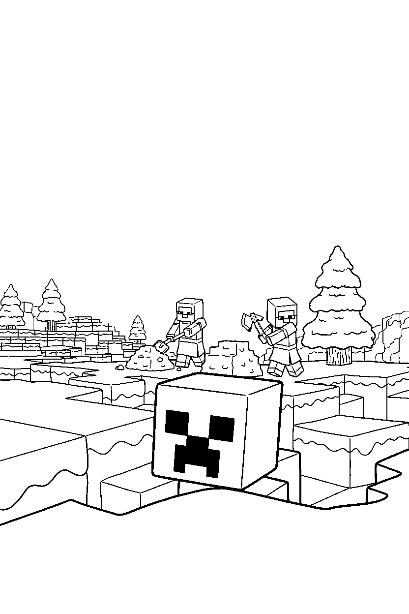 minecraft creeper watching villagers working in snowy tundra line art