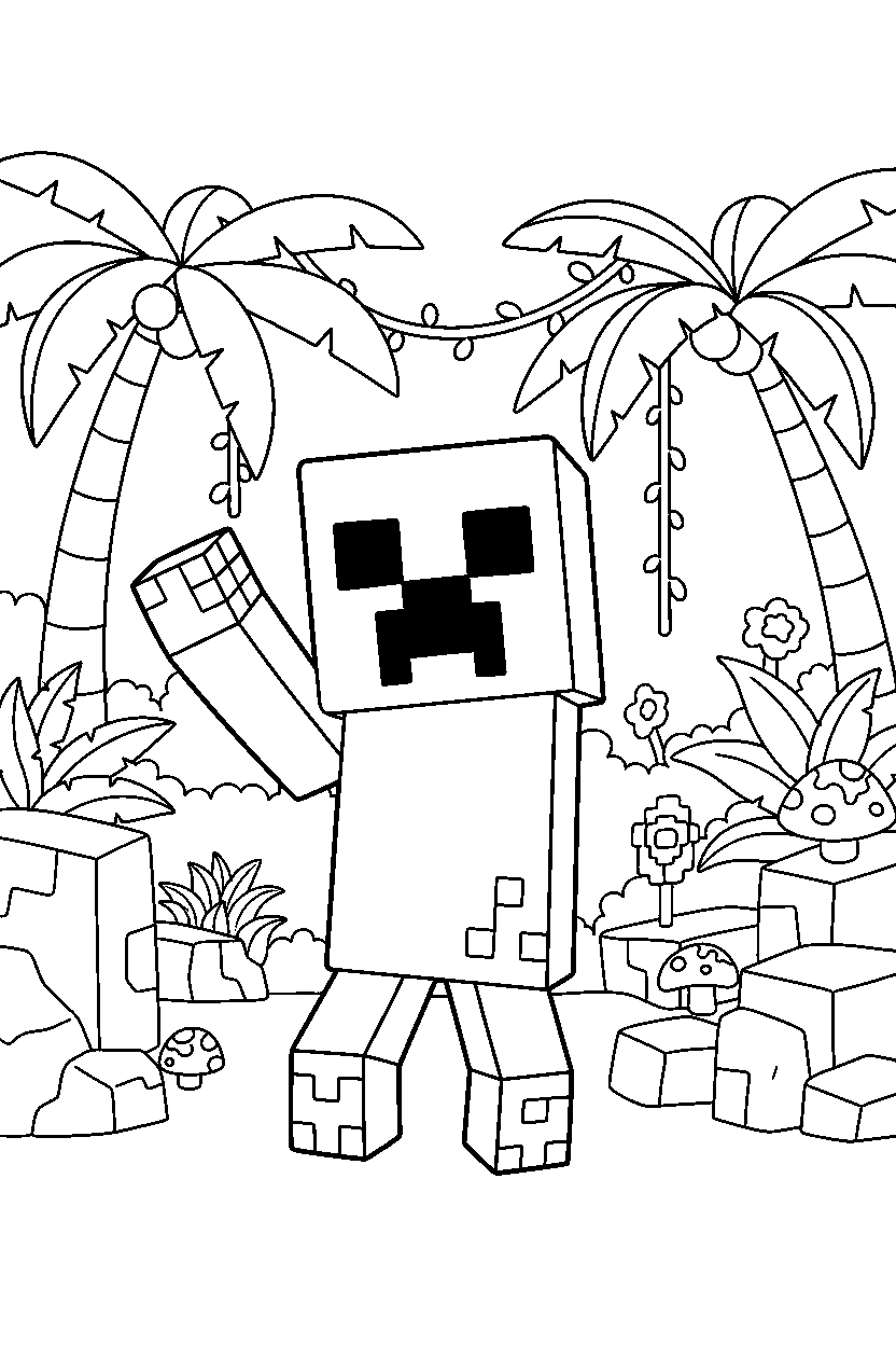 minecraft creeper waving in jungle line art